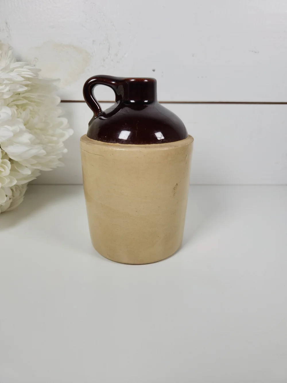 Small Vintage Brown & Beige Stoneware Pottery Jug | Rustic Farmhouse Decor